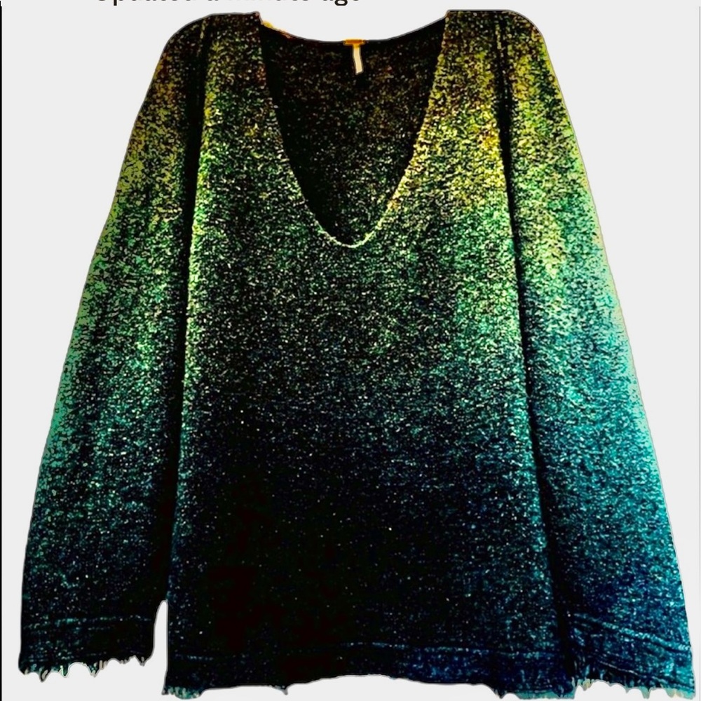 Free People Green and Blue V-Neck Sweater